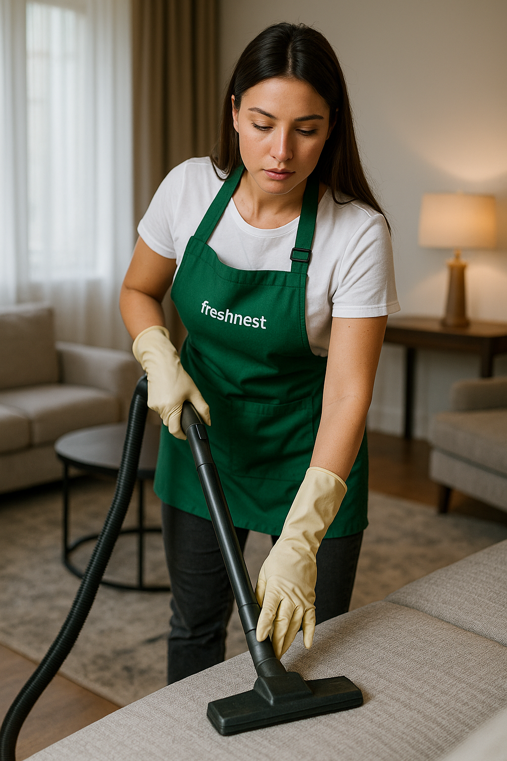 FreshNest cleaner vacuuming modern living room